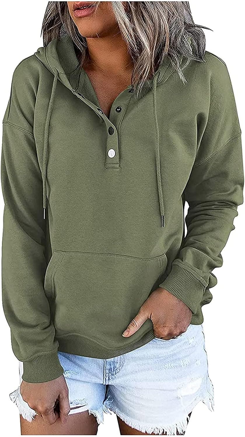Womens Casual Hoodies Pullover Tops Drawstring Long Sleeve Button Down Sweatshirts 2022 Fall Clothes With Pocket