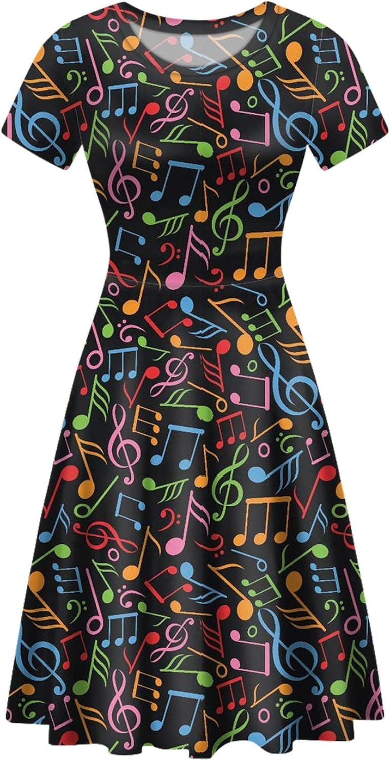 POLERO Women Puffy Swing Elegant Party Midi Dresses Short Sleeve Round Neck A-Line Dress