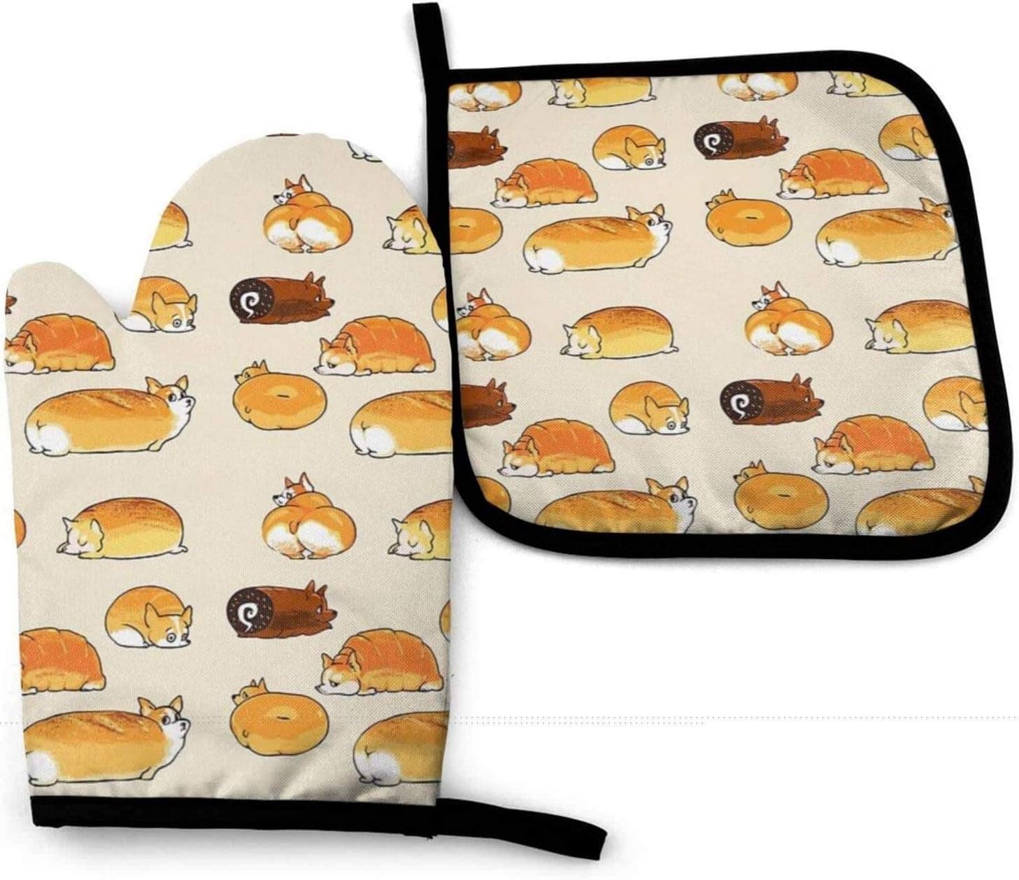 YANGXIN Bread Corgis Kitchen Oven Mitt and Potholders Kitchen Set, Heat Resistant Non-Slip Oven Glove for Cooking Baking