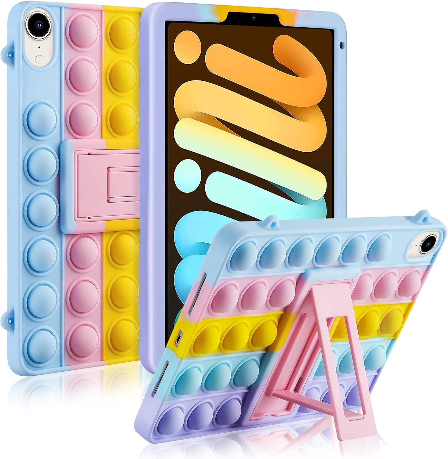 for iPad Mini 6 Case with Kicktand Fidget Pop Toys Push It Bubble Soft Rainbow Silicone Protective Cover for Kids Women Stress Reliever for iPad Mini 6 (2021) 8.3 Inch