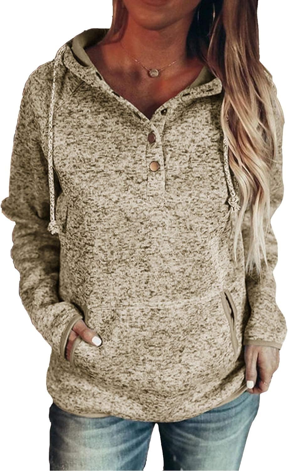 Nirovien Womens Button Collar Printed Hooded Sweatshirt Long Sleeve Casual Pullover Drawstring Hoodies with Pocket(Khaki,2XL)
