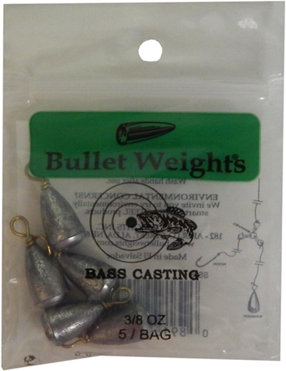 Bullet Weight SS38 3/8-Ounce Bass Casting Sinker, Gray Finish,Multicolored
