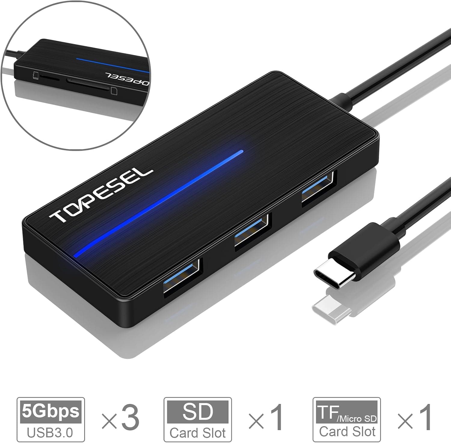 Type C Hub, TOPESEL 5-in-1 Multiport USB-C Hub with 3 USB 3.0 Ports, SD/TF Card Reader for MacBook Pro 2015/2016, Google Chromebook 2016/2017 and More USB C Devices, Black