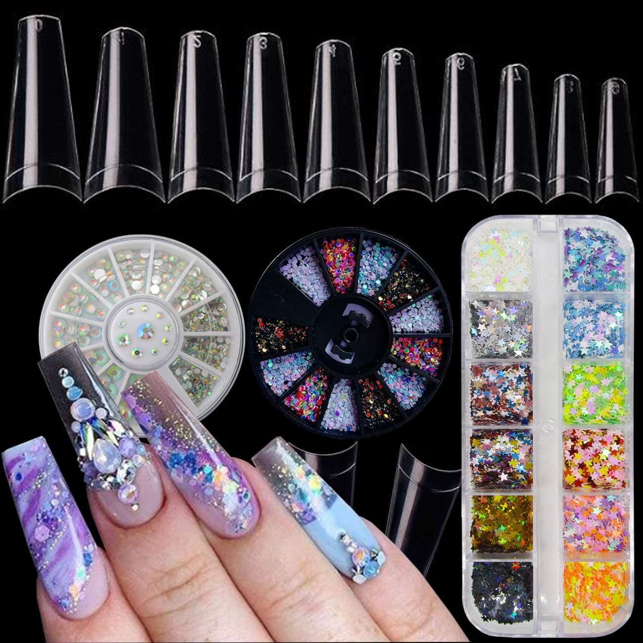 Nail Tips Acrylic Kit 500pc Clear Half Cover Coffin French Nail Art Tips Artificial False Nails 10 Size with Star Nail GLitter Flakes, AB Crystal Nail Rhinestones Glitter Nail Decoration (Clear)
