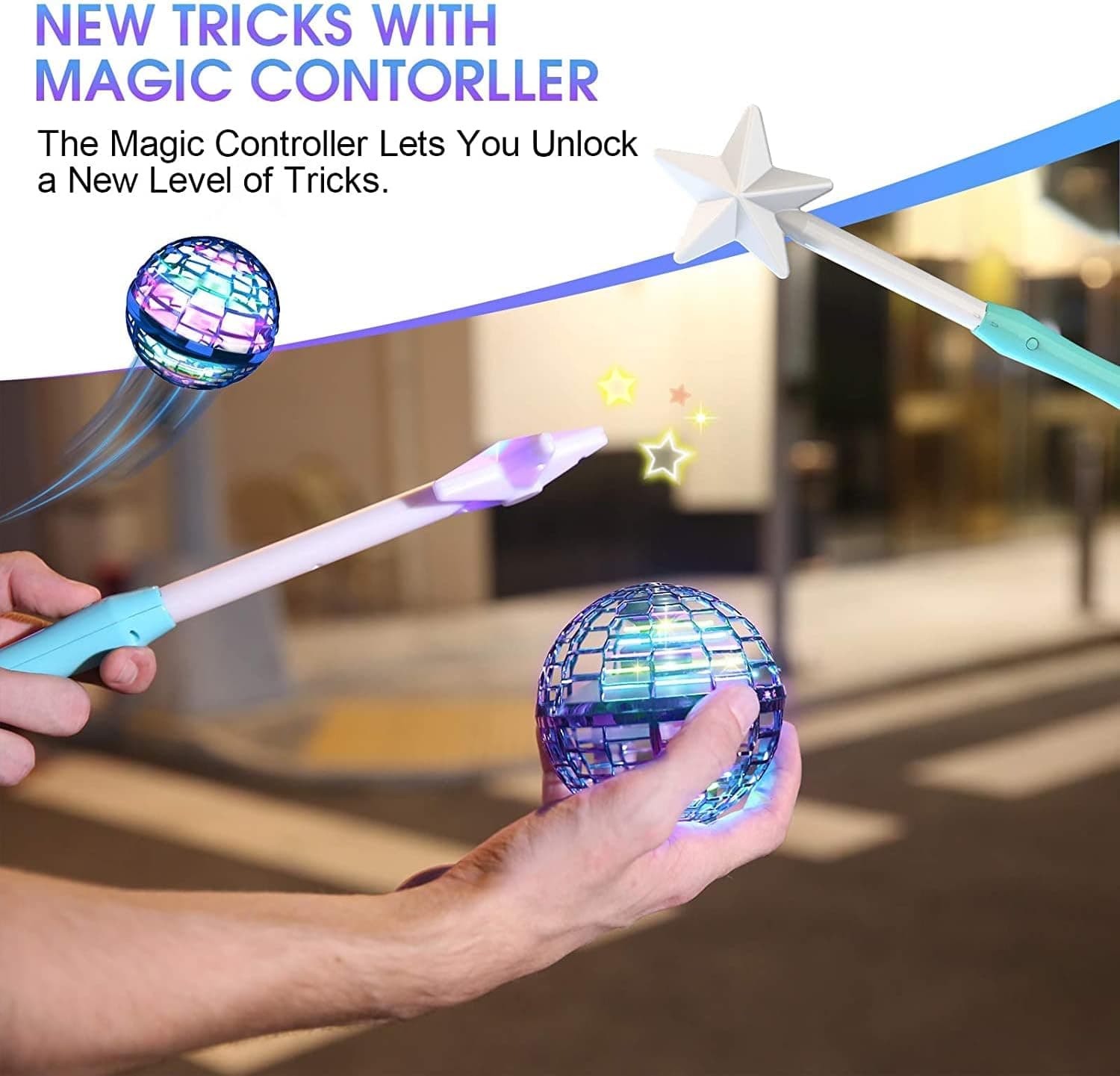 Blue Flying Orb Ball with Magic Wand,Cool Gadgets LED Light Up Toy Glow in The Dark, Fidget Flying Spinner,Hand Operated Drones for Kid ,Birthday Gift for Kids Toys for Boy Girl Age 6 7 8 9 10