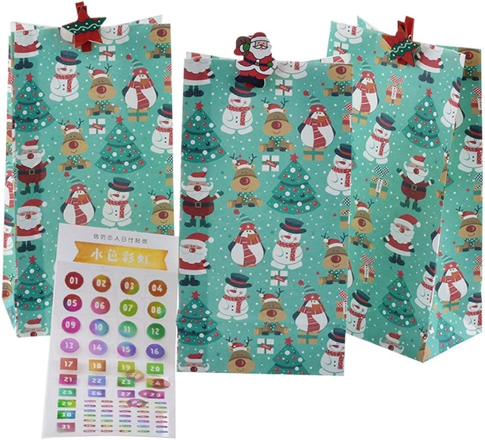 MJartoria Christmas Novelty Cartoon Green Snowman Tree Reindeer Gift Bags Paper Package with Wooden Clip Stickers