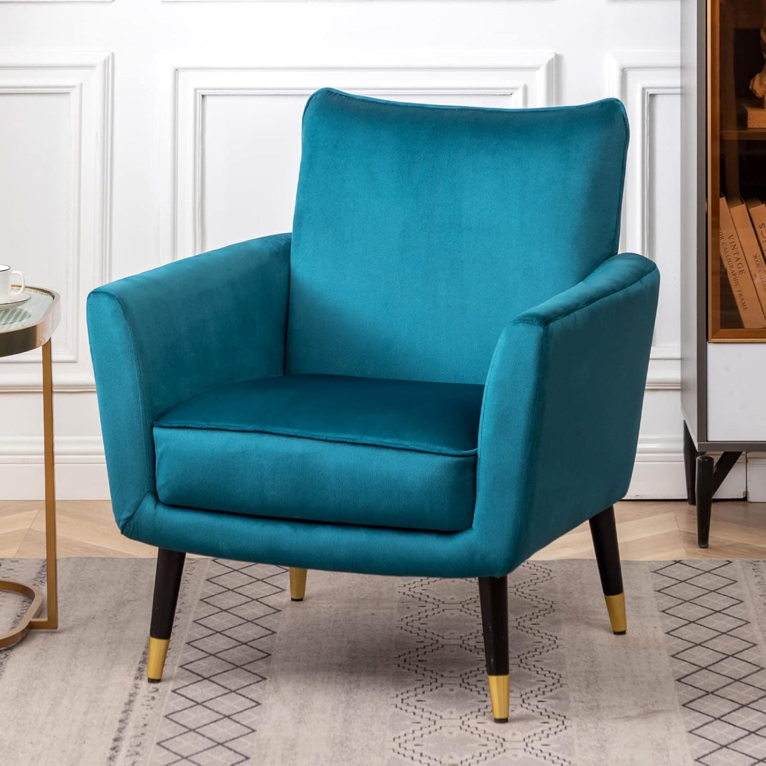 ALIMORDEN Accent Armrest Chair, Mid-Century Retro Fabric Armchair, Single Padded Reading Chair, Lounge Seat with Wooden Legs for Living Room, Bedroom, Office, (D) 30.31" x(W) 26.77" x(H) 16.93", Blue