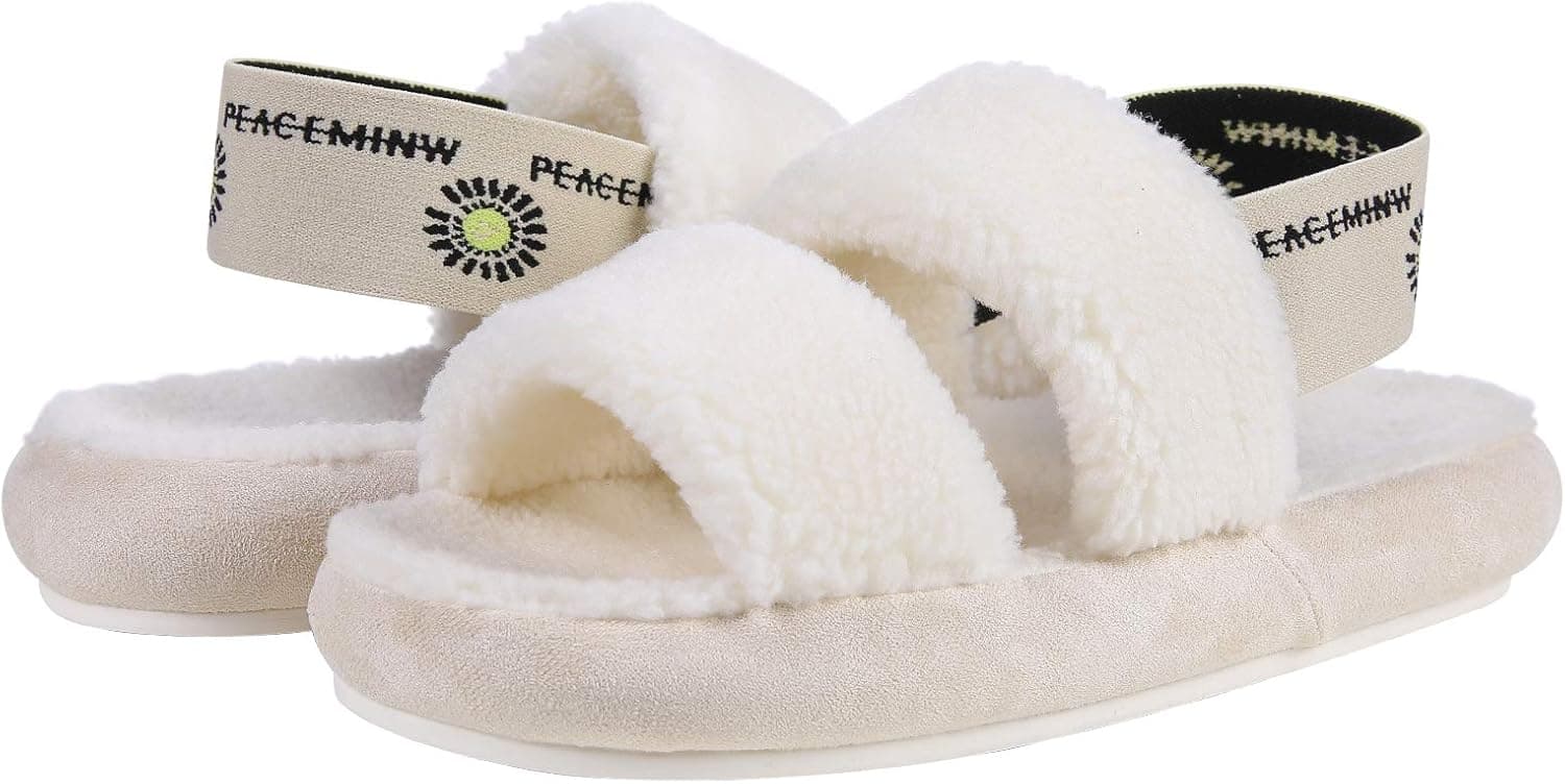 Beslip Fuzzy Slides Sandals for Women Two Band Fluffy Slippers with Strap Outdoor Fur Sandal Slippers