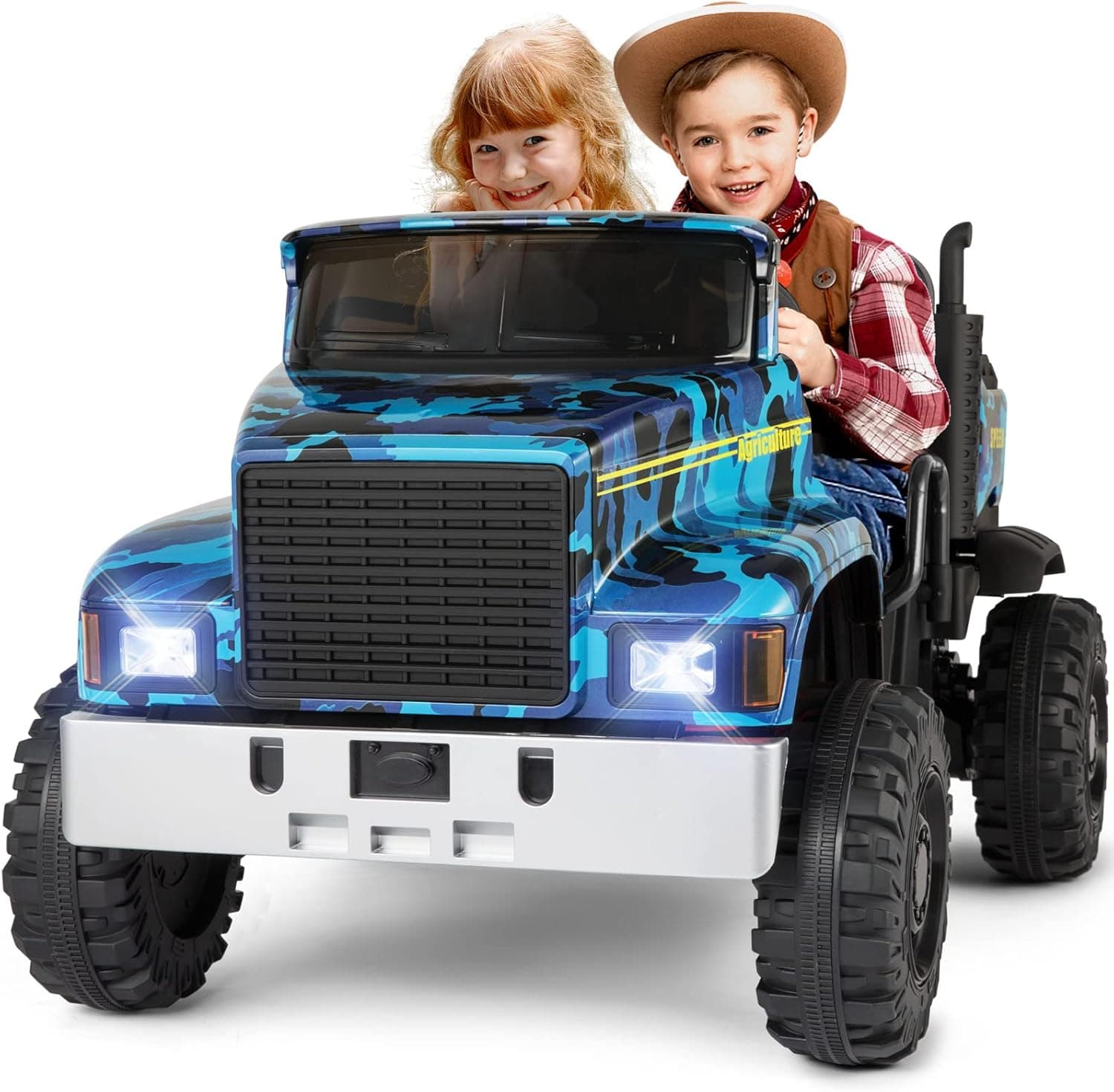JOYLDIAS 2 Seater Ride On Car, 24V Battery-Powered Dump Truck, Ride On Toy with Dump Bed, Dual Motors, 4 Large Wheels, 2.4G Remote Control, 3 Speeds, Bluetooth, Camo Blue