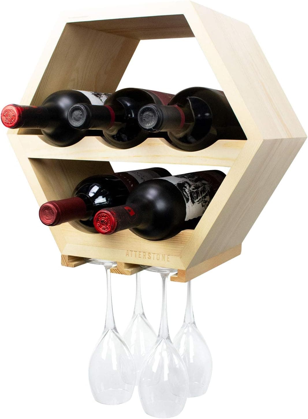 Atterstone Honeycomb Wine Rack - Holds 5 Bottles and 4 Glasses, Wall-Mounted Wine Bottle Display Rack with Hanging Stemware Holder and Stylish and Unique Wooden Hexagonal Cell