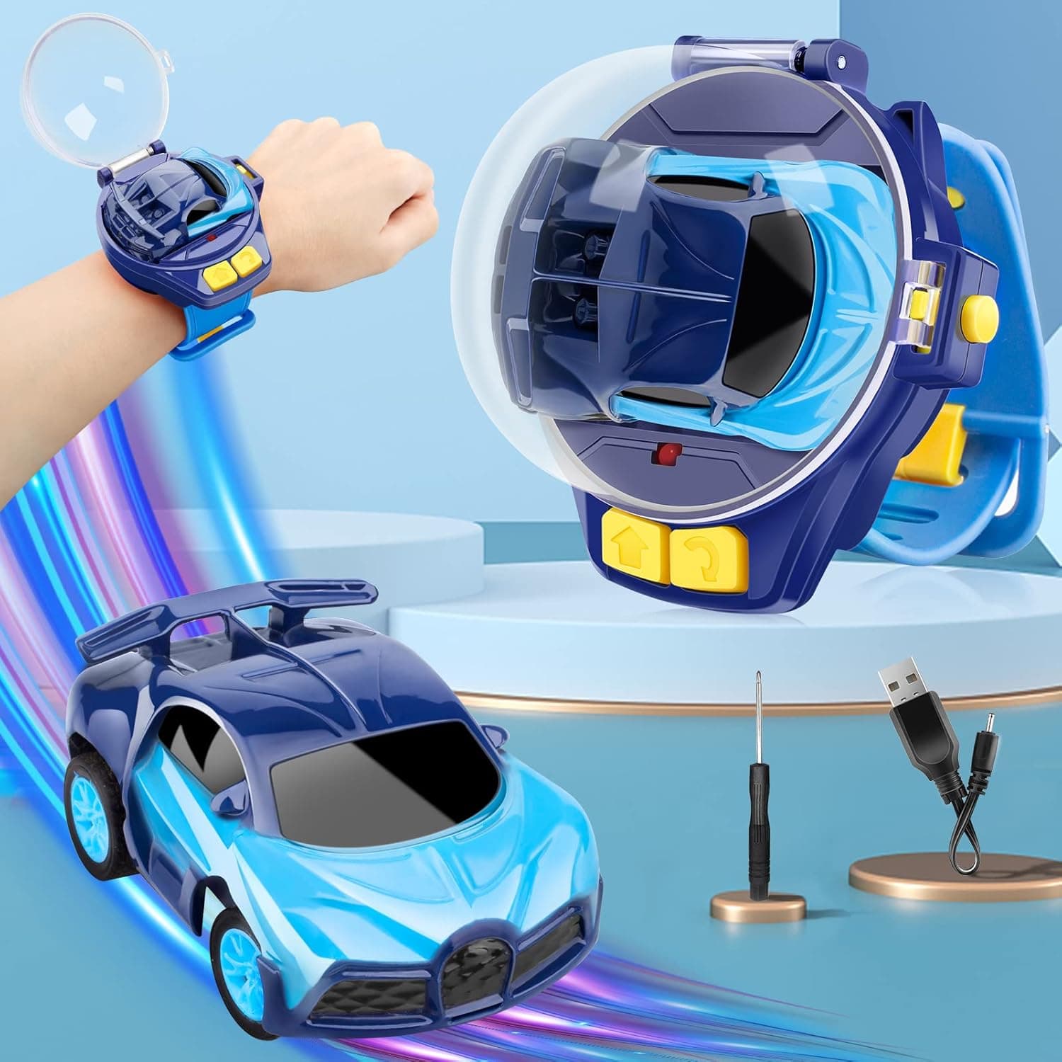 ValoRcasa 2022 Mini Remote Control Car Watch Toys, 2.4 GHz Cute Wrist Racing Watch, Car Watch Remote Control Car Toys for Boys and Girls, Interactive Game Toys USB Charging Remote Control Car, Blue