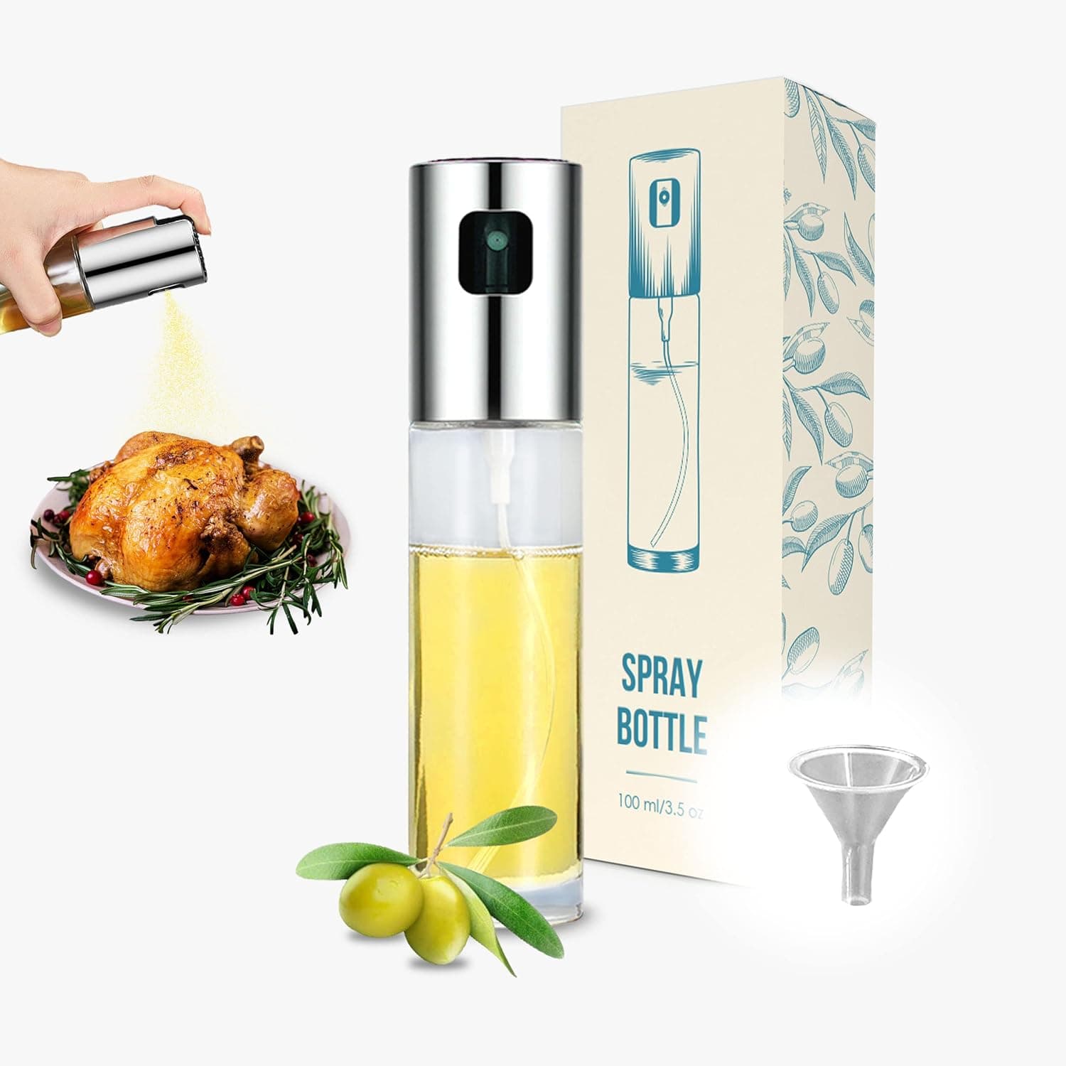 Cooking Spray Bottle, Cooking Oil Spray Bottle Glass 100ml / 3,5oz with Mini Funnel, Olive Oil Mister, Universal Oil Spray Bottle for Cooking, Salad, BBQ, Kitchen, Baking, Oil Sprayer for Air Fryer