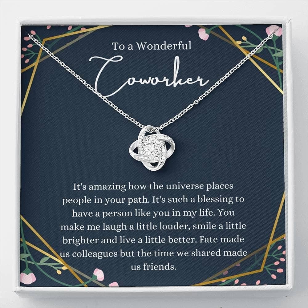 Message Card Jewelry, Handmade Necklace- Personalized Gift Love Knot, Coworker Necklace, Gift, Farewell For Coworker, Women Co worker Going Away White, Gold, Custom Size