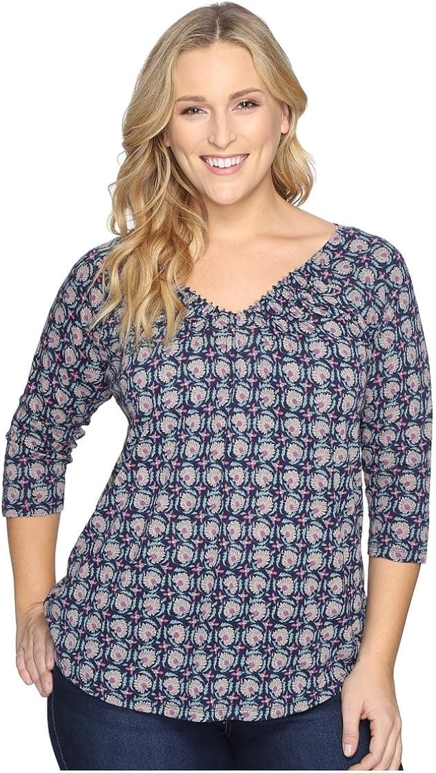 Lucky Brand Women's Plus Size Printed Pintuck Top in Navy Multi