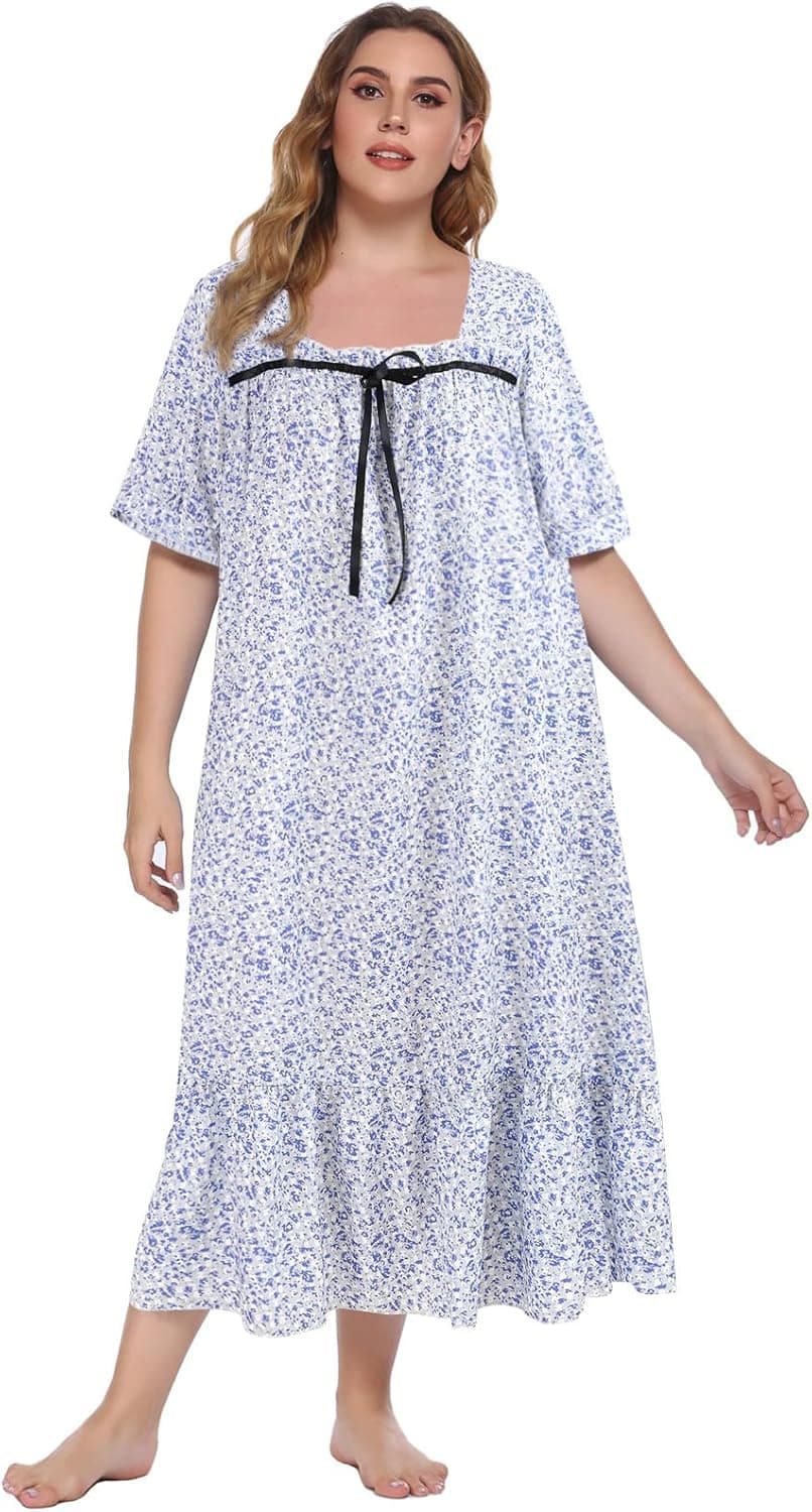 Flightbird Women Nightgown Plus Size Sleepwear Short Sleeve Pajama Loose House Dress Floral Housecoat for Ladies XL-4XL Blue