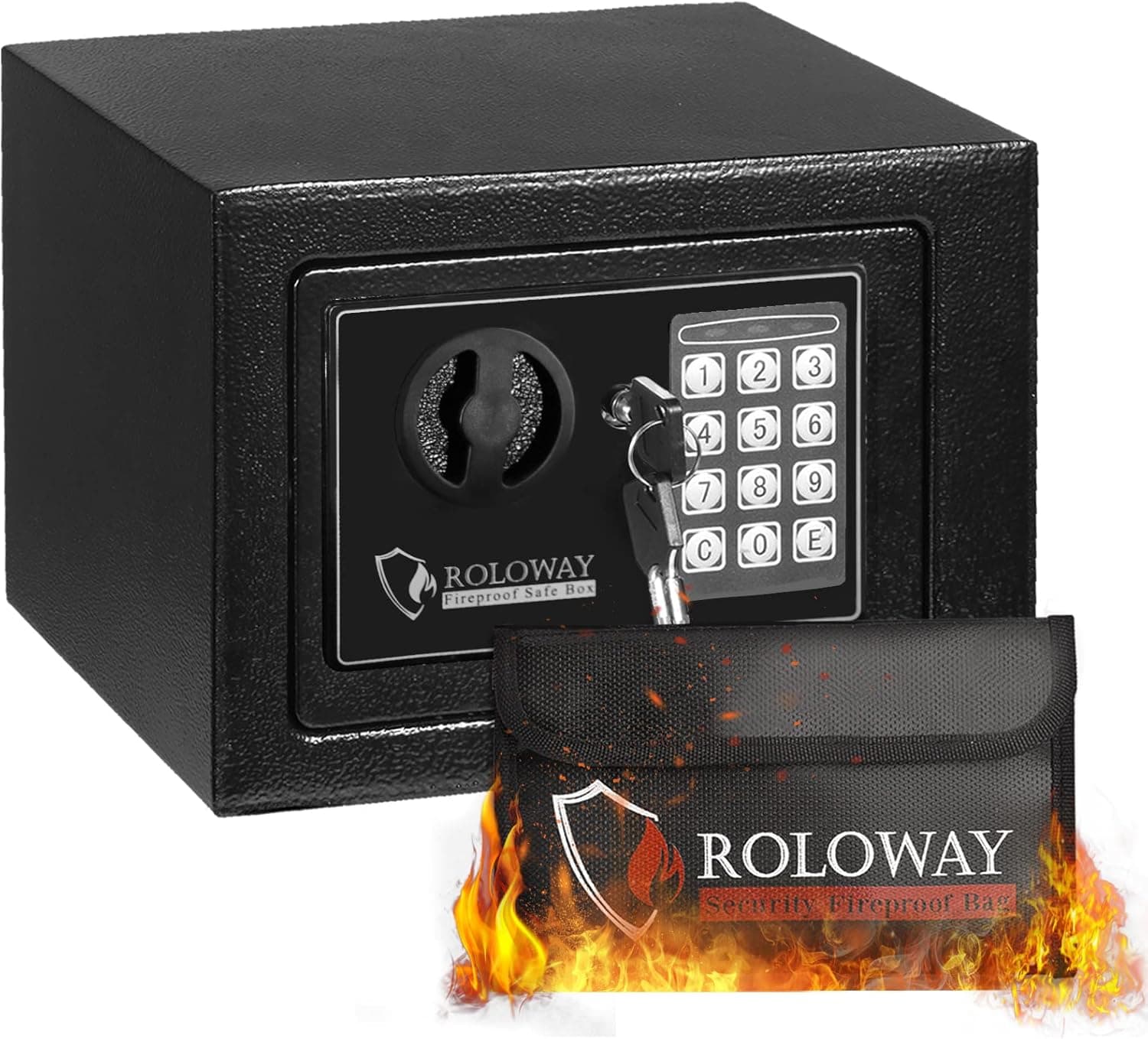ROLOWAY Steel Money Safe Box for Home with Fireproof Money Bag for Cash Safe Hidden, Security Safe Box for Money Safe with Keys, Lock Box Fireproof Safe with Keypad Lock (Black)
