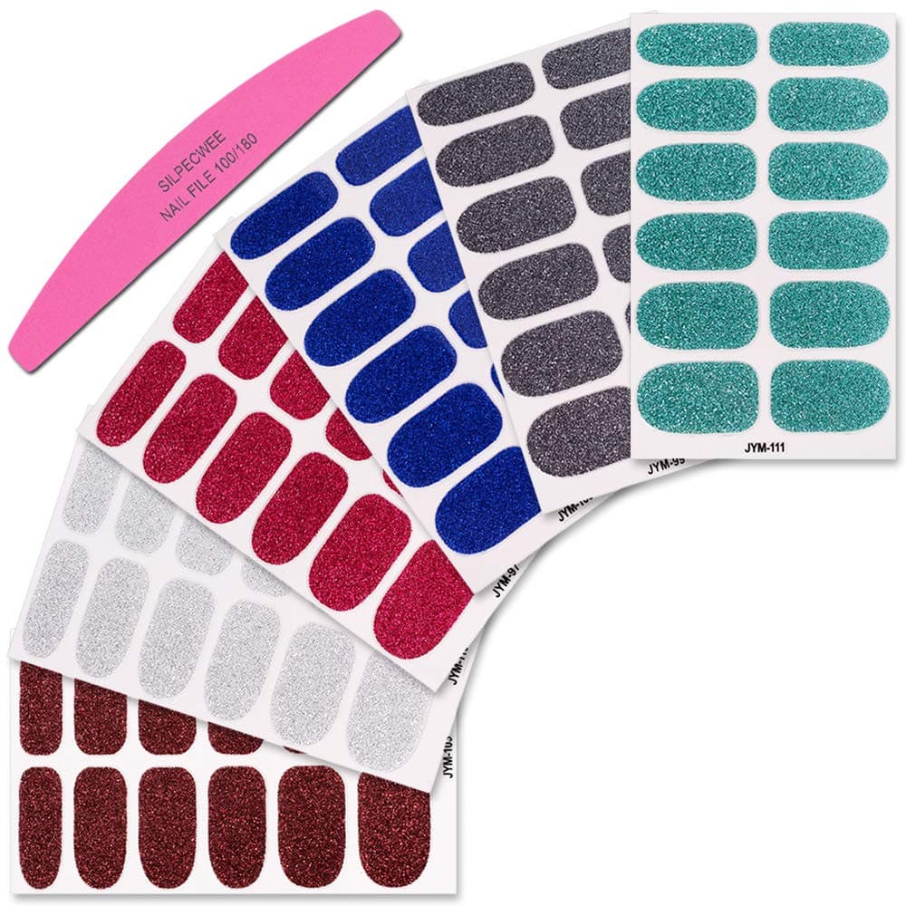 SILPECWEE 6 Sheet Glitter Nail Polish Strips for Women Self Adhesive Nail Wraps Nail Polish Stickers Nail Stickers Polish Nail Art Stickers with 1pc Nail File
