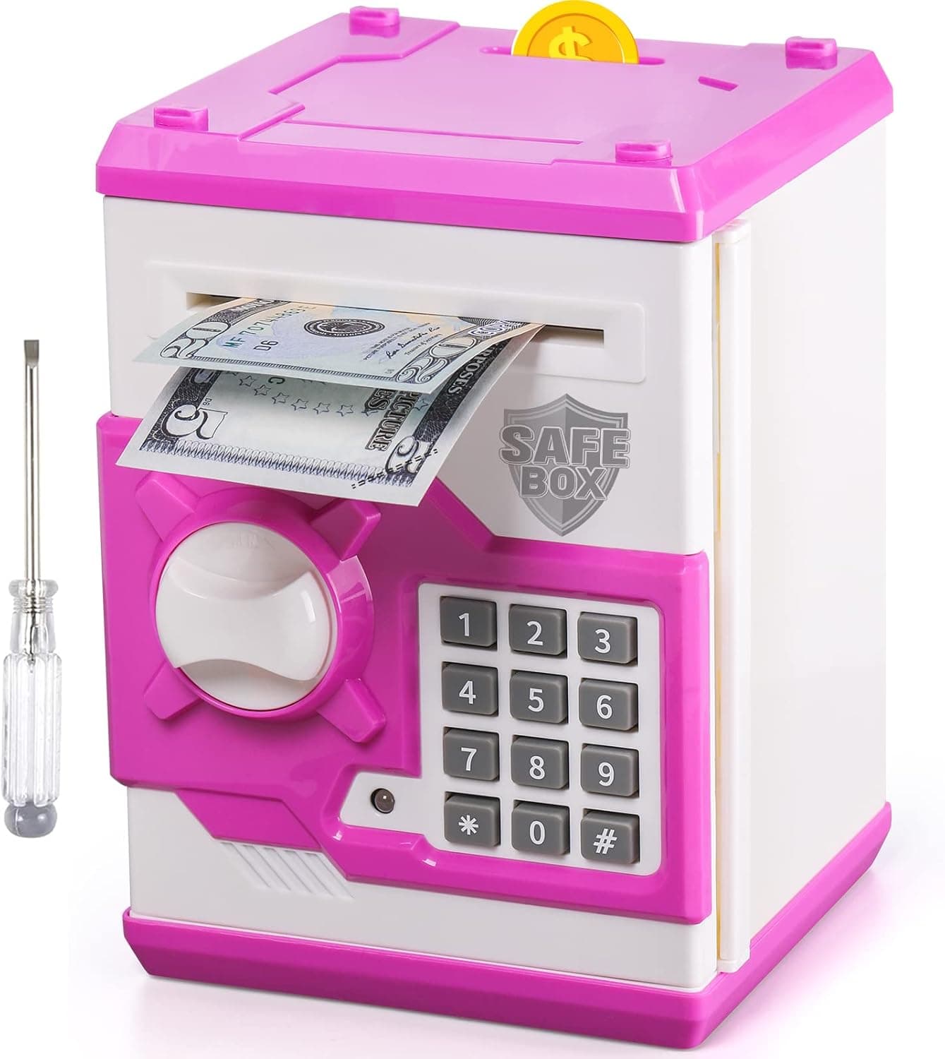 ATM Piggy Bank for Boys Girls, Vcertcpl Mini ATM Coin Bank Money Saving Box with Password, Kids Safe Money Jar for Adults with Auto Grab Bill Slot, Great Gift Toy Bank for Kids (Purple+White)