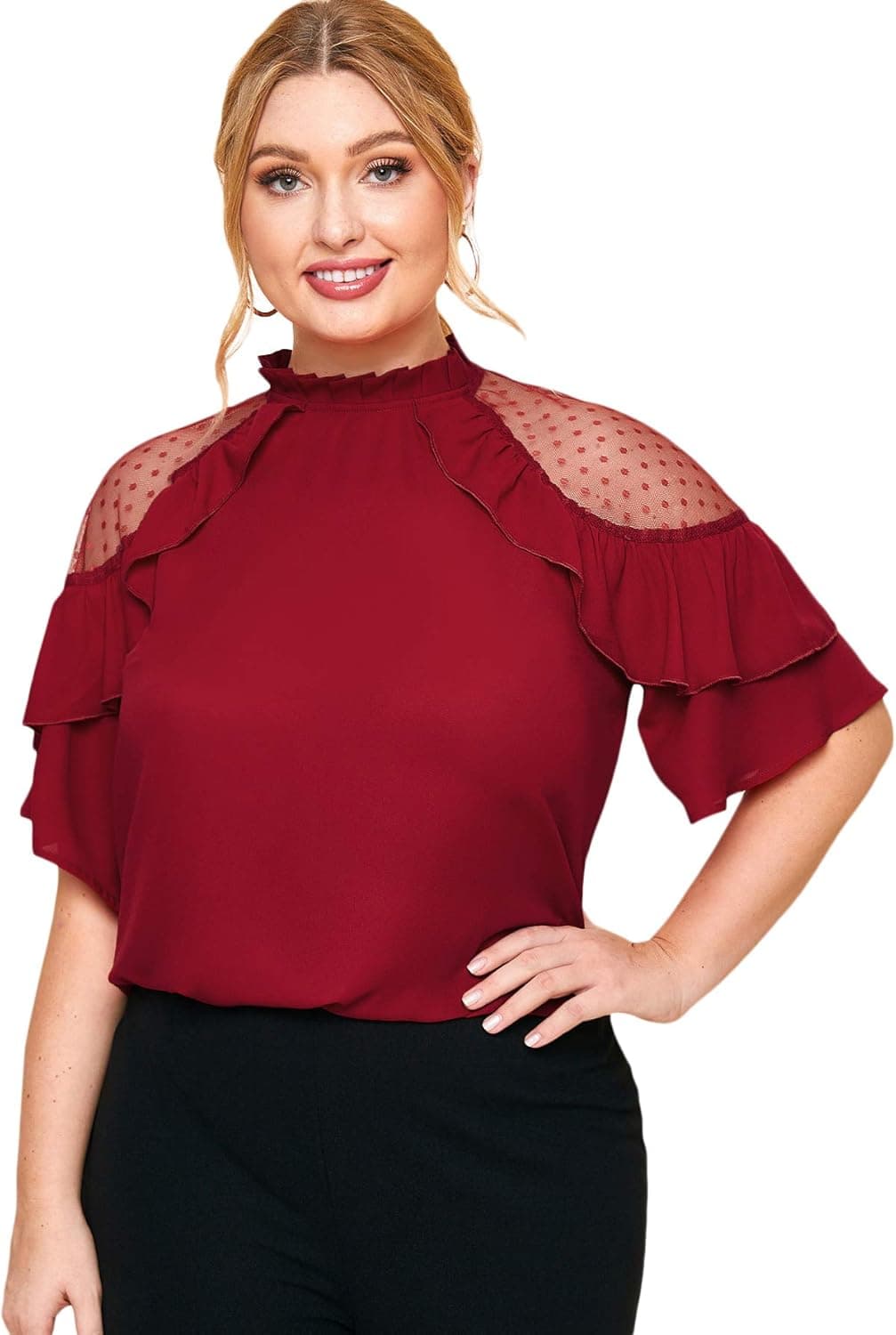 Romwe Women's Plus Size Elegant Mesh Shoulder Ruffle Short Sleeve Mock Neck Tops Blouse