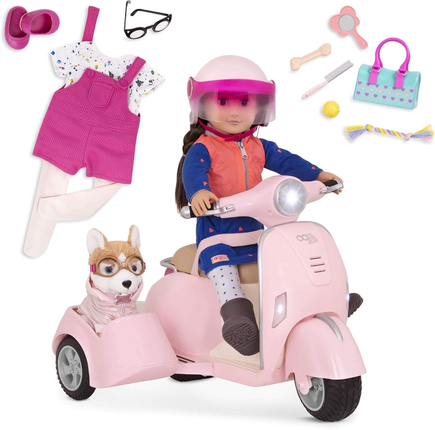Our Generation- Scooter & Side Car Bundle with 18" Doll Leslie- Toy Car & Vehicle Accessory for 18" Dolls- for Ages 3 Years & Up
