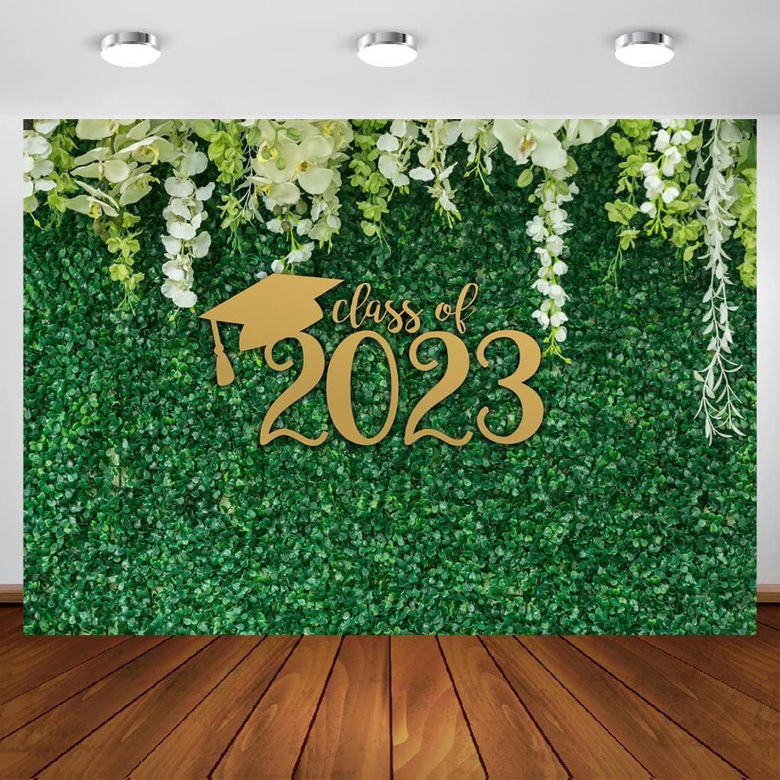 Aperturee Class of 2023 Graduation Photography Backdrop 10x7ft Green Leaves Wall Prom Congrats Grad Bachelor Cap Spring Still Life Grass Leaf Background Party Decorations Photo Studio Booth Banner