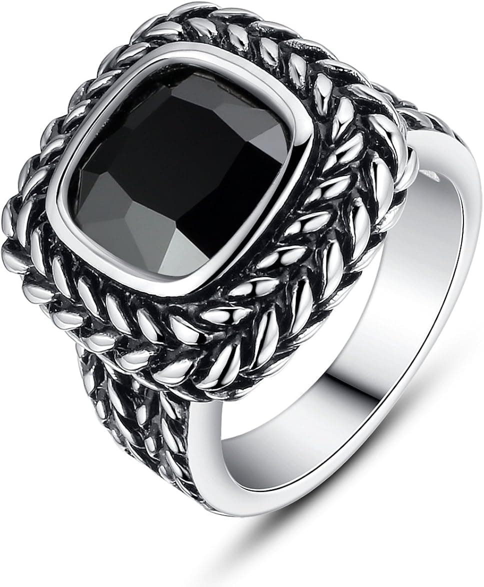 Stainless Steel Vintage Square Black Cubic Zirconia CZ Women's Ring (Size 5 to 11)