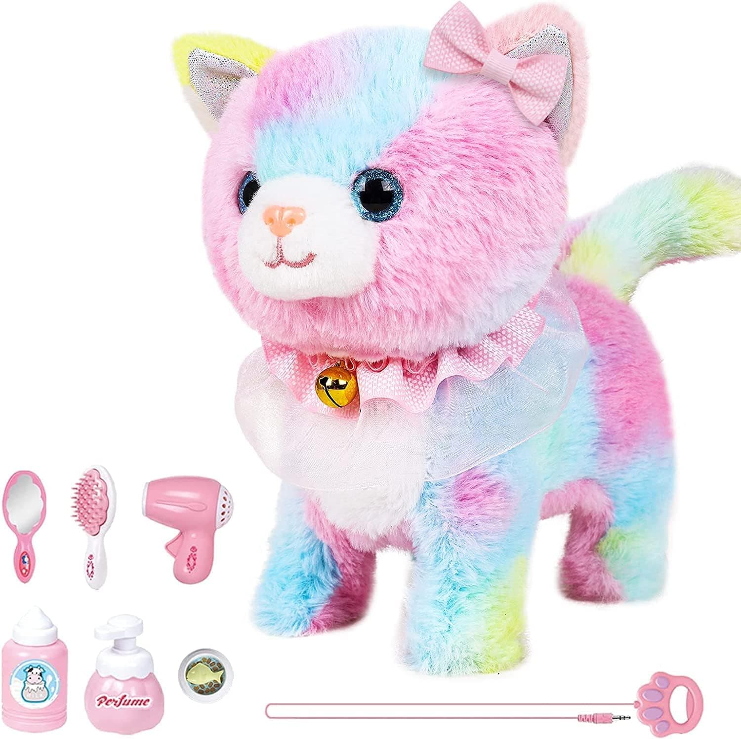 Interactive Electronic Plush Toy Walking and Barking Robot Cat Plush Cat Remote Control Kitten for Girls (Colorful Cat)