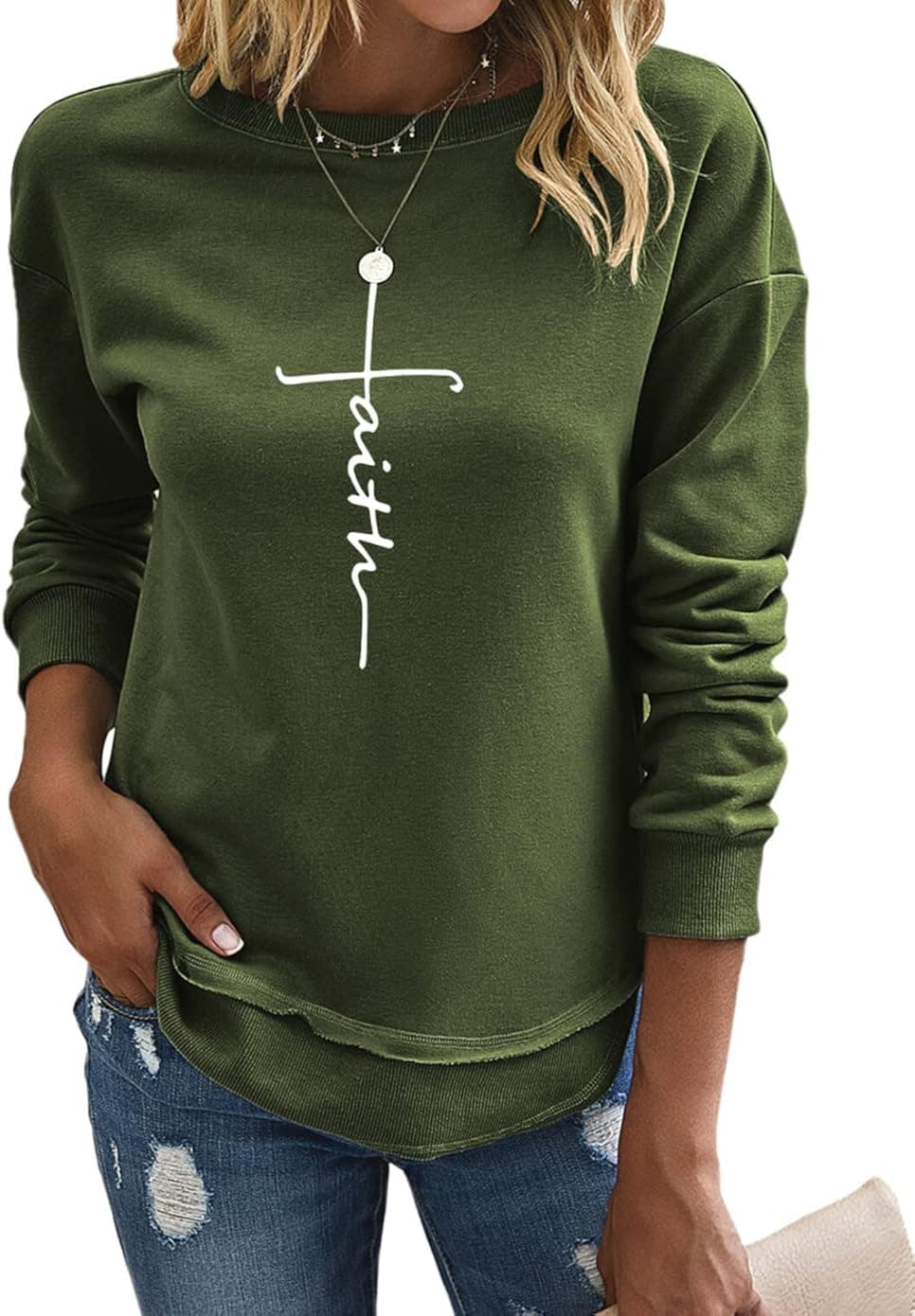 LERENSHA Womens Faith Sweatshirt Casual Crewneck Long Sleeve Letter Printed Shirt Pullover Graphic Tops