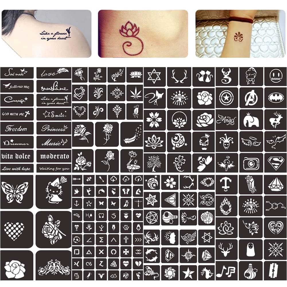 Henna Tattoo Stencils Body Art Face Paint Stencils 8 Sheets Henna Tattoo Designs Templates Temporary Tattoo Sticker Self-Adhesive Glitter Tattoo Stencils Reusable for Adults Women Men Kids.