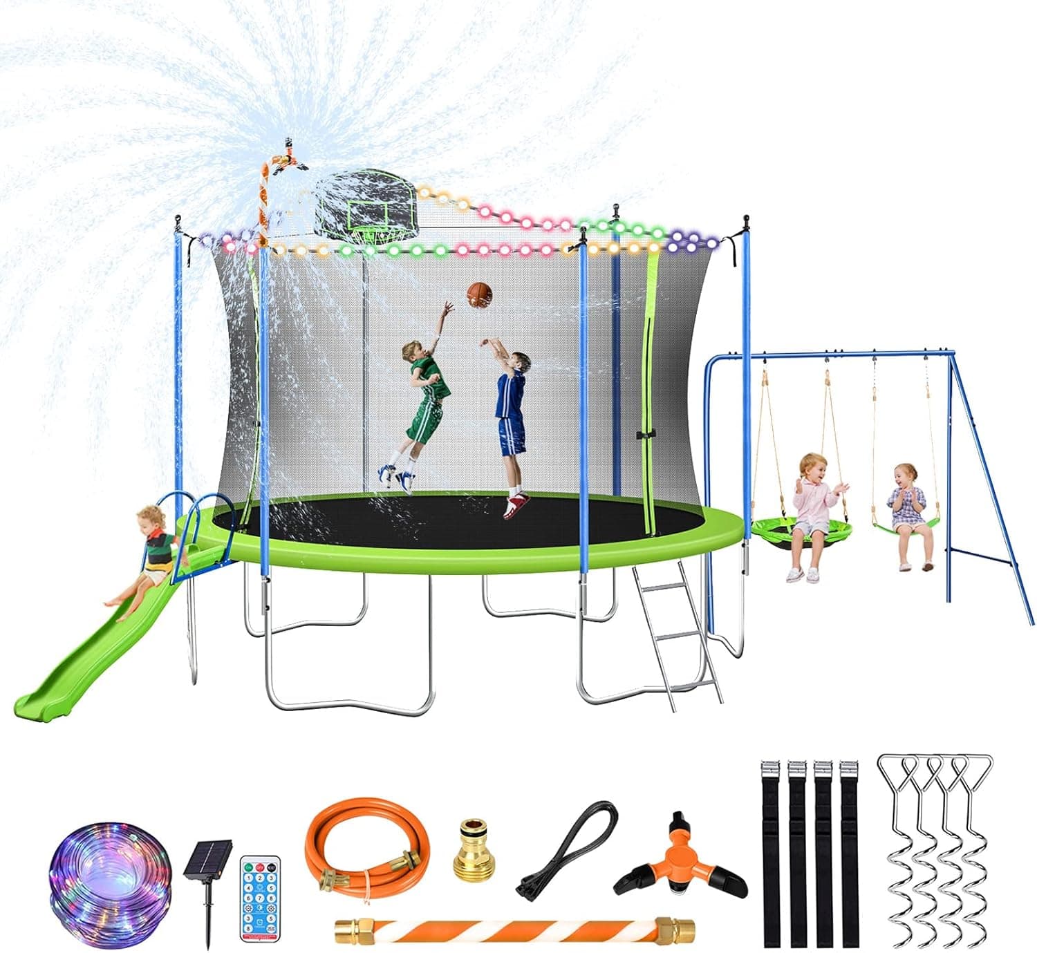 Lyromix 12 14FT Trampoline with Slide and Swings, ASTM Approved Large Recreational Trampoline with Basketball Hoop and Ladder,Outdoor Backyard Trampoline with Net, Capacity for 5-7 Kids and Adults