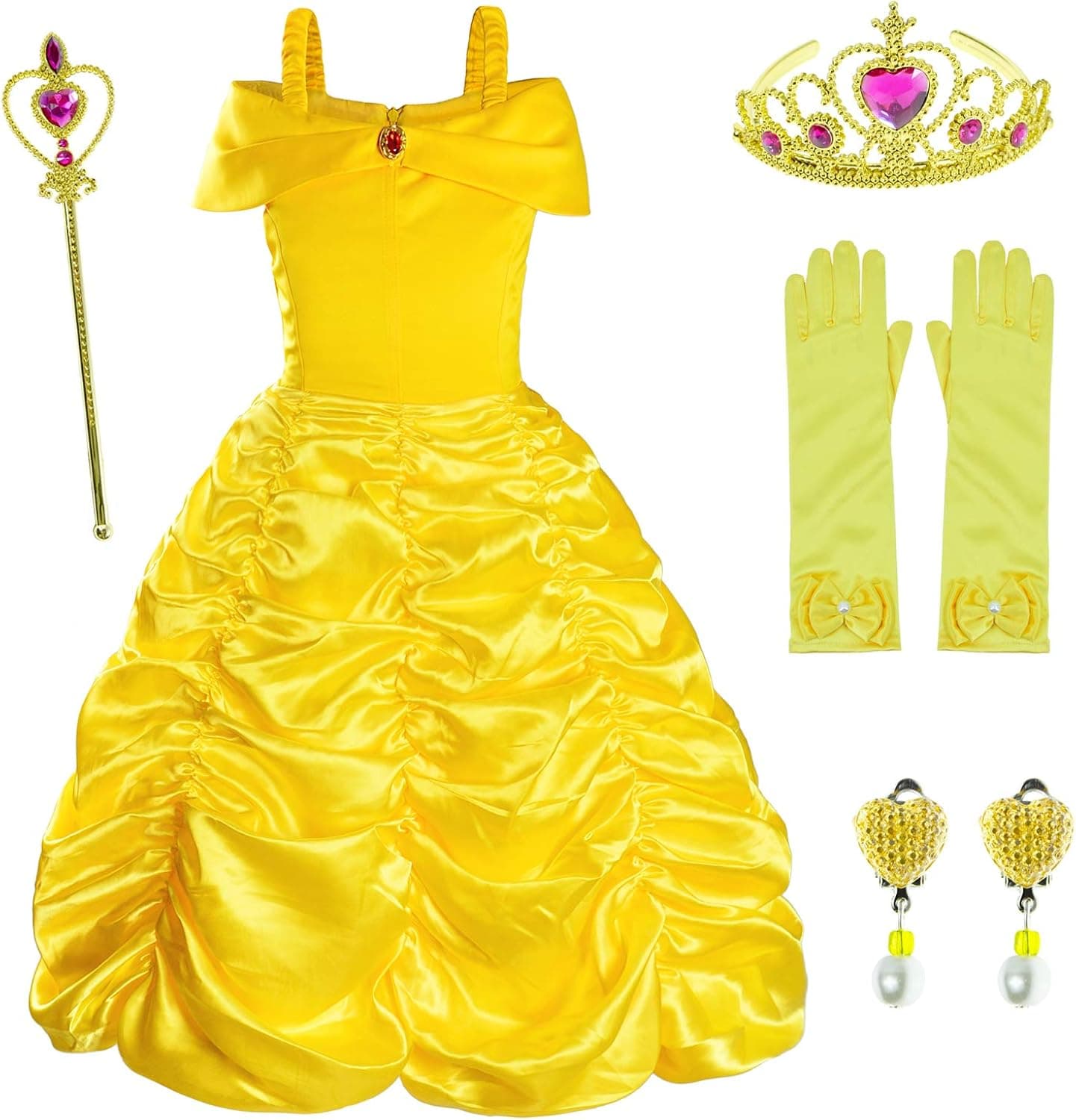 Princess Costume For Girls Birthday Party Fancy Dress Up with Accessories(Crown+Wand+Earrings+Gloves)