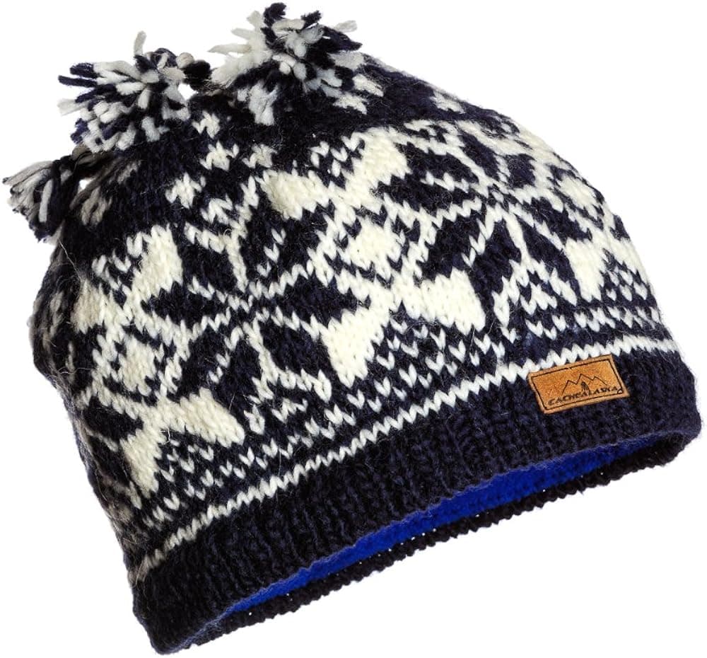 CacheAlaska Beanie Hand Knit Ski Cap 100% Wool Ski Hat Designed Blue