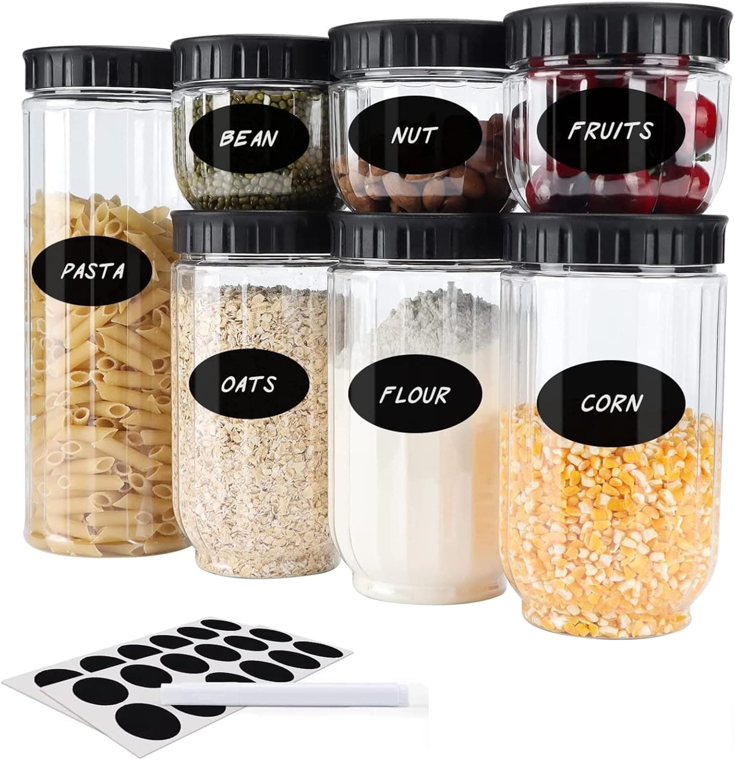 Airtight Food Storage Container Set-7 Piece, Kitchen Pantry Organization and Storage, BPA-Free Clear Plastic Canisters with Lids Ideal for Cereal, Beans, Snacks - Includes Labels, Marker & Spoon Set (Black)
