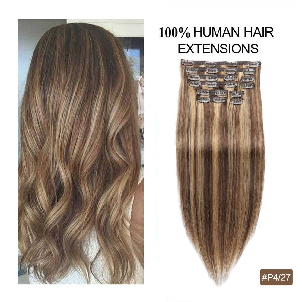 Double Weft Clip in Human Hair Extensions, Re4U Balayage Thick Hair Extensions Human Hair Clip in Extensions 18inch Highlight Blonde Multi Color Mixed Chocolate Brown(#4/27 10pcs 18" 150g)