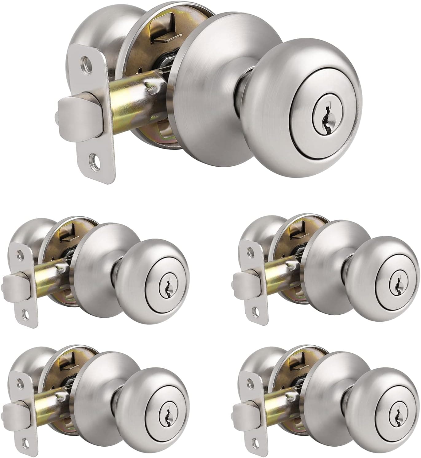 Knobonly 5 Pack Keyed Alike Entry Door Knobs Exterior Door Lock Satin Nickel Finish Classic Style Door Hardware