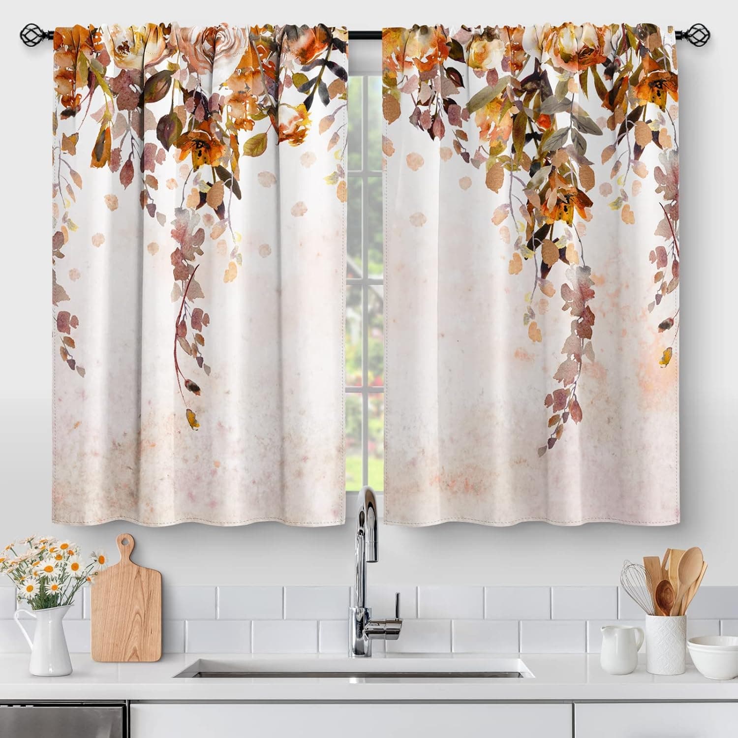 Floral Leaves Kitchen Curtains - Rustic Watercolor Art Plant Flower Botanical Country Nature Short Cafe Tier Curtains Decor for Dining Room Wildflower Rod Pocket Window Drapes 2 Panels Set 28"x36"