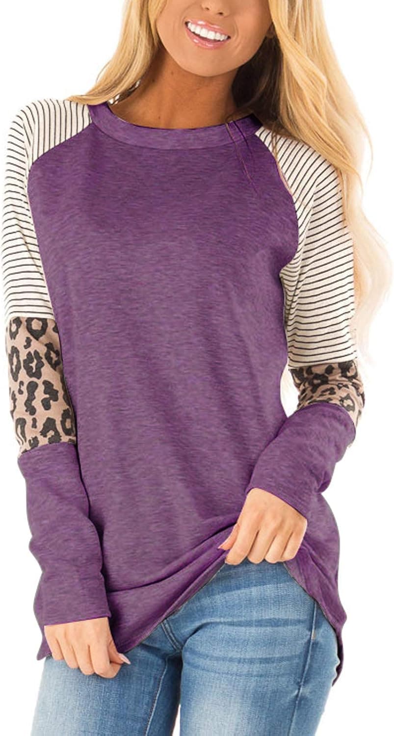 Adibosy Women Long Sleeve Tunic Blouse Round Neck Leopard Print Color Block Stripe Casual T Shirt Tops Purple M