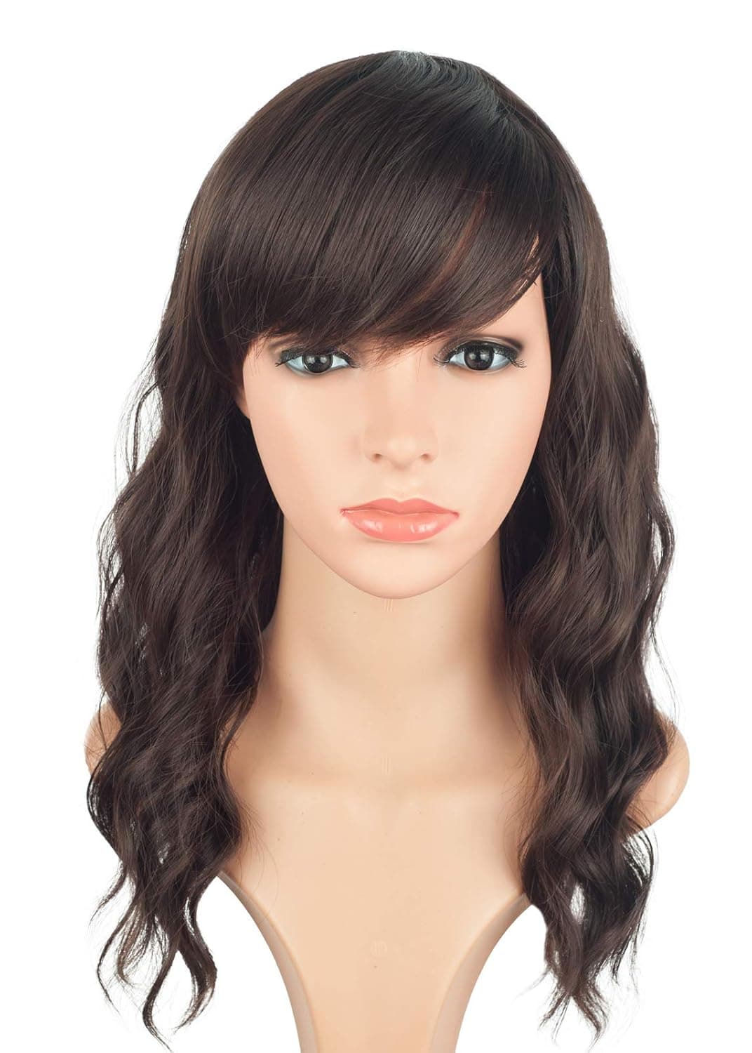 Medium Long Dark Brown Wavy Synthetic Hair Wigs For Black Women Shoulder Length Curly Wigs Heat Resistant Wigs With Free Wig Cap 16 Inches. (LIGHT BROWN(4#))
