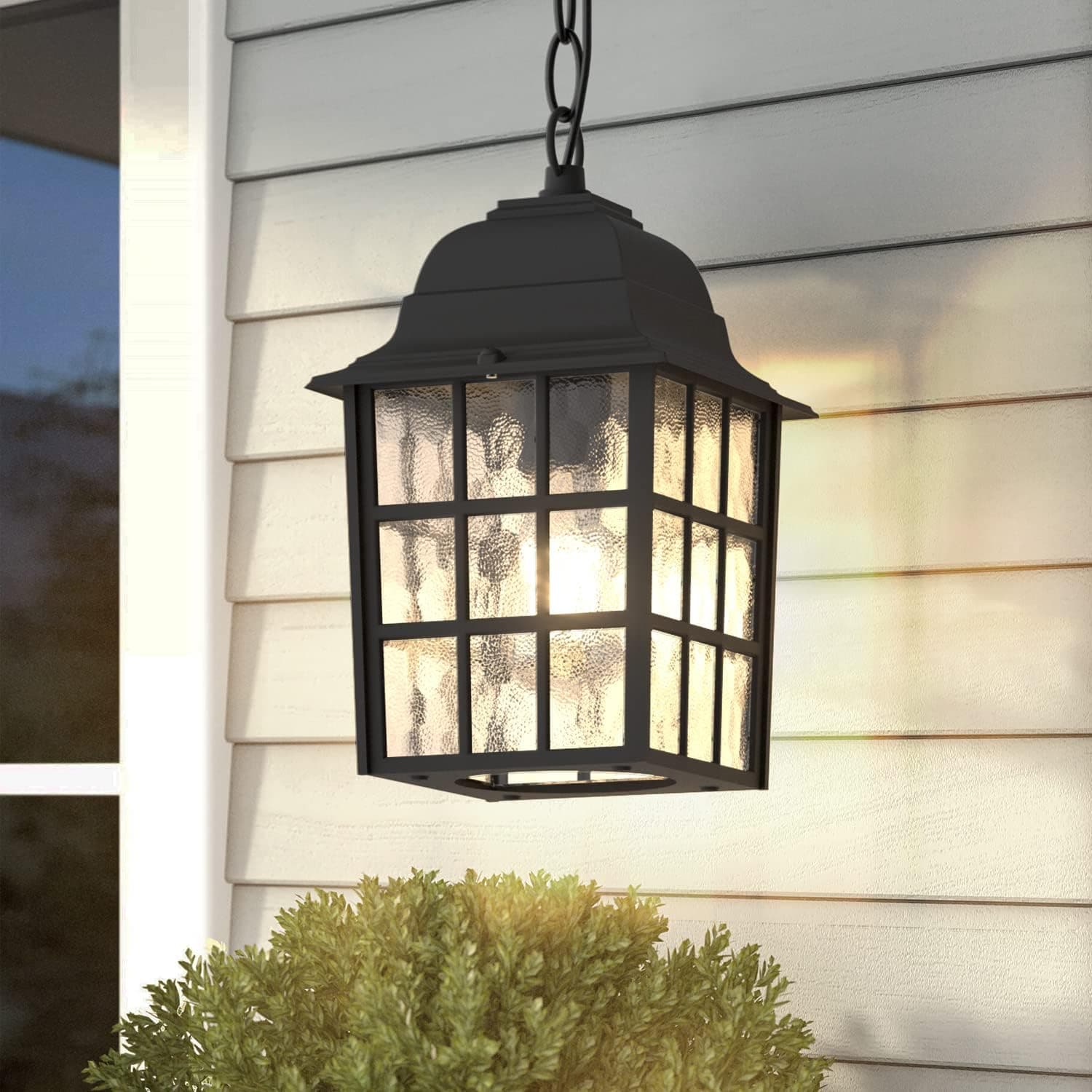 Aoceley Outdoor Pendant Light, Exterior Ceiling Hanging Lantern Porch Light with Water Glass, Outdoor Hanging Lantern Light Black Exterior Pendant Lighting Fixture for Porch, Yard, Gazebo