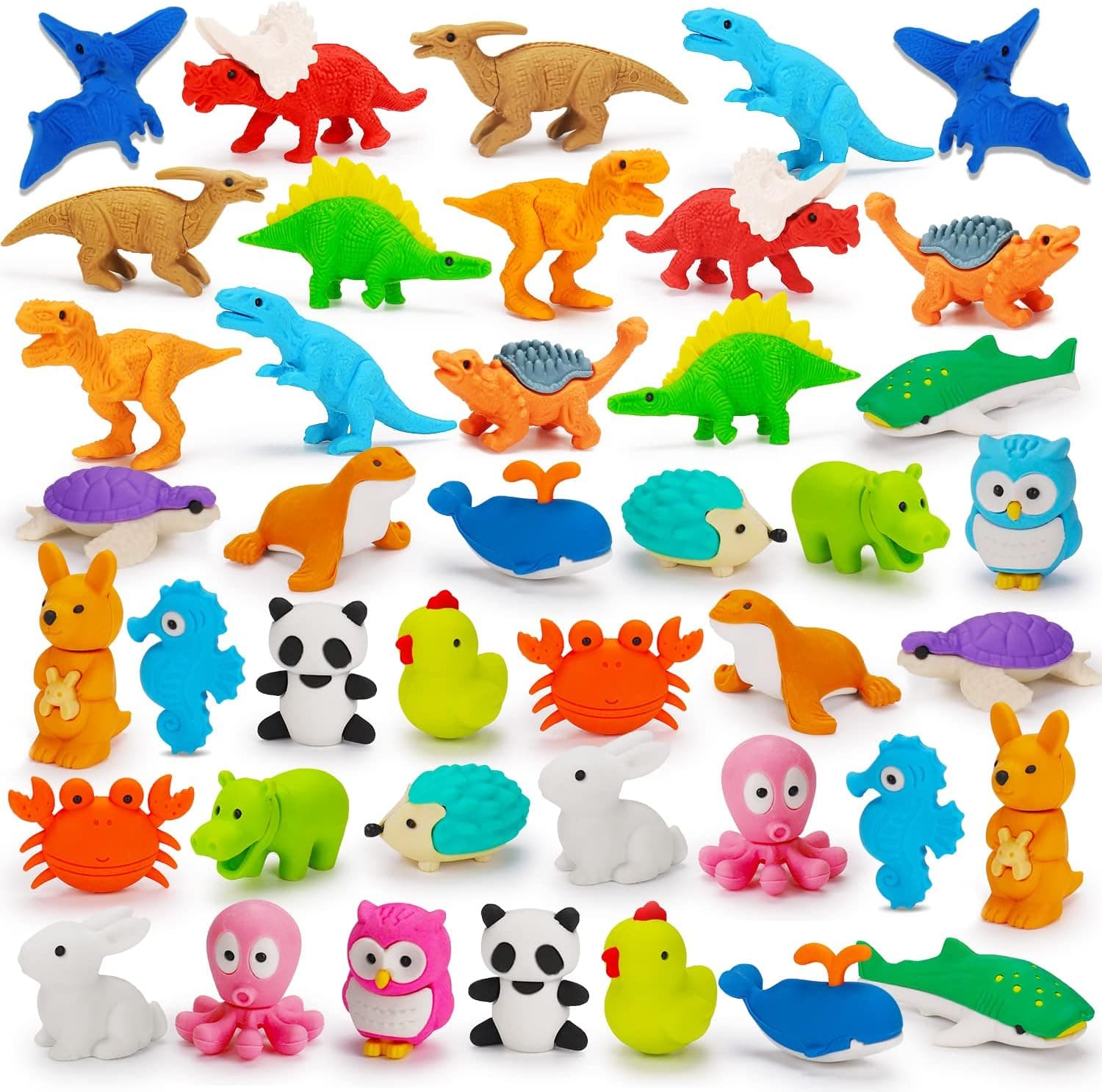42 PCS Dinosaur Animal Erasers for Kids 3D Mini Puzzle Pencil Erasers Bulk Toys Classroom Reward Game Prizes Student Desk Pets Treasure Box Party Favors Goodie Bag Pinata Stuffers School Gift Supplies