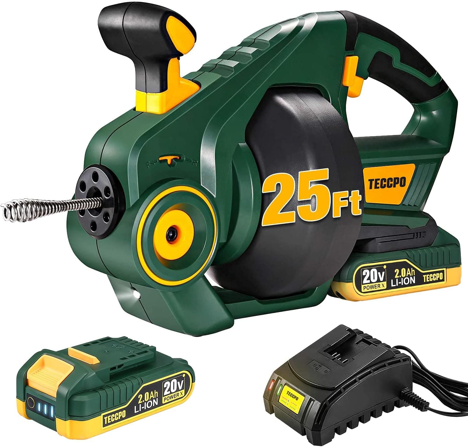 TECCPO Drain Auger, Automatic Plumbing Snake, 25Ft(7.6m), 20-Volt Li-Ion, Perfect Cordless Drain Clog Remover, Power Tool for 3/4" to 2" Pipes, Replaceable Flexible Shaft