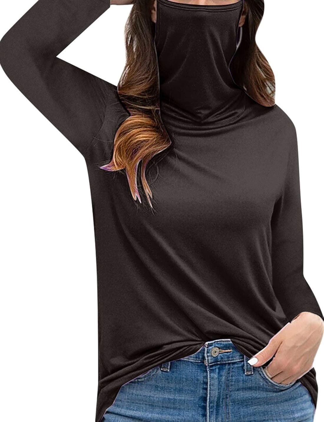 Hooever Womens Loose Fashion Ear Hanging Type Mask T-Shirt High Collar with Mask Blouse(Black-XL)