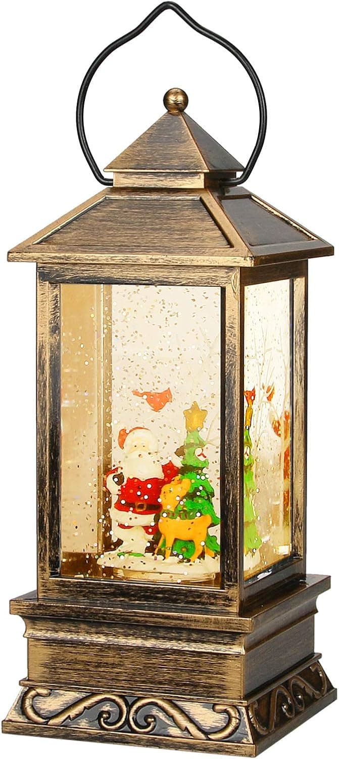 Musical Snow Globe Lantern Christmas, Led Santa Claus Swirling Glitter Lighted Snow Globe Water Lantern Decoration for Christmas Home Living Room, Battery Operated or USB Powered (Vintage)