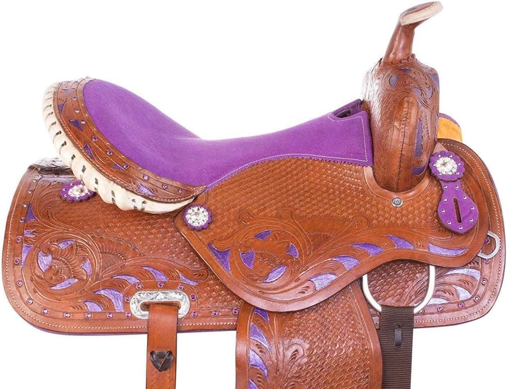 Blue LakeWestern Leather Youth & Pony Horse Saddle with Matching Leather Headstall + Breast Collar + Reins | Color : Brown-Pink | Size 10 to 13 Inches Seat Available