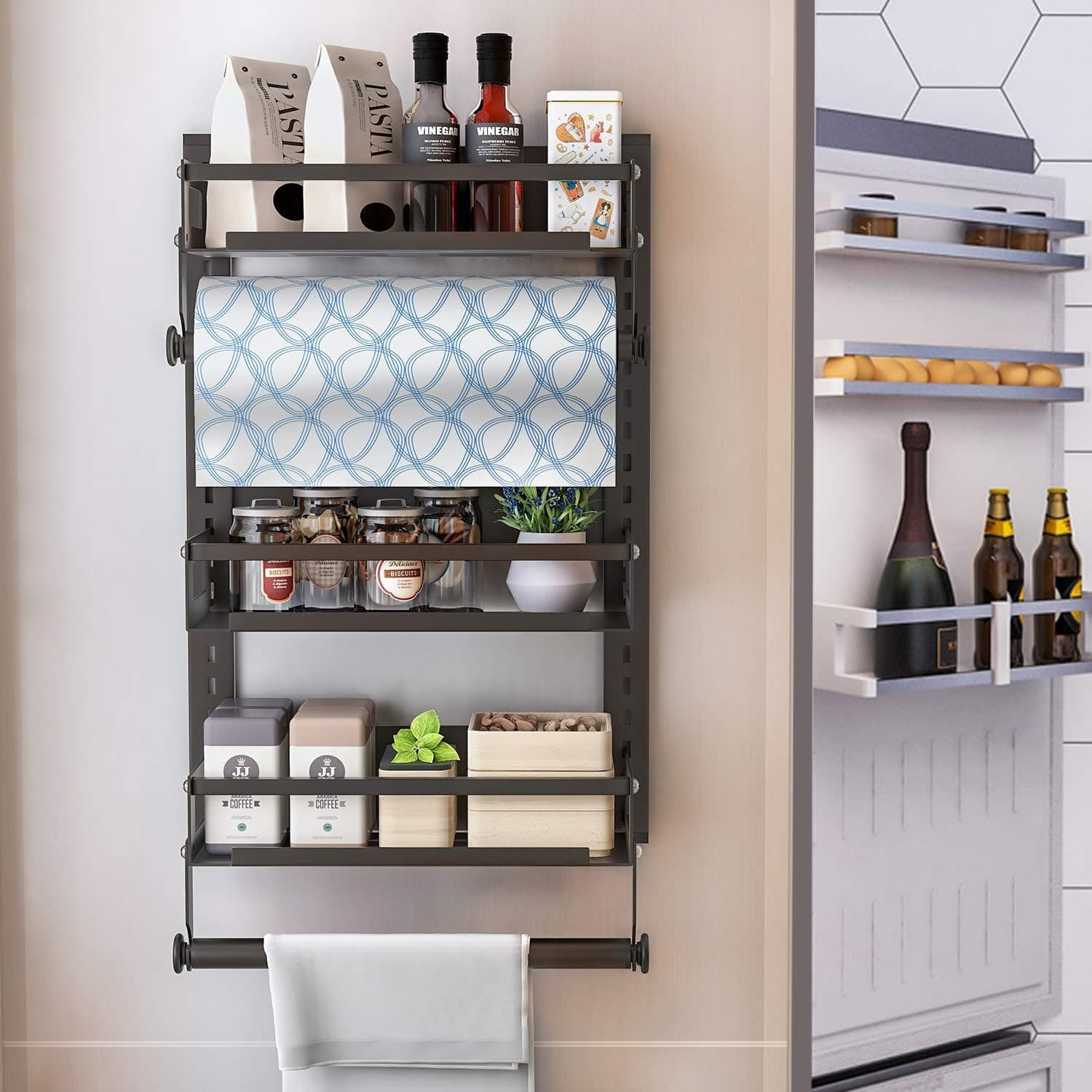 FLE Magnetic Fridge Organizer Spice Rack Organizer 3 Tier Mounted Storage Paper Towel Roll Holder Multi Use Kitchen Shelf Pantry Wall Laundry Room