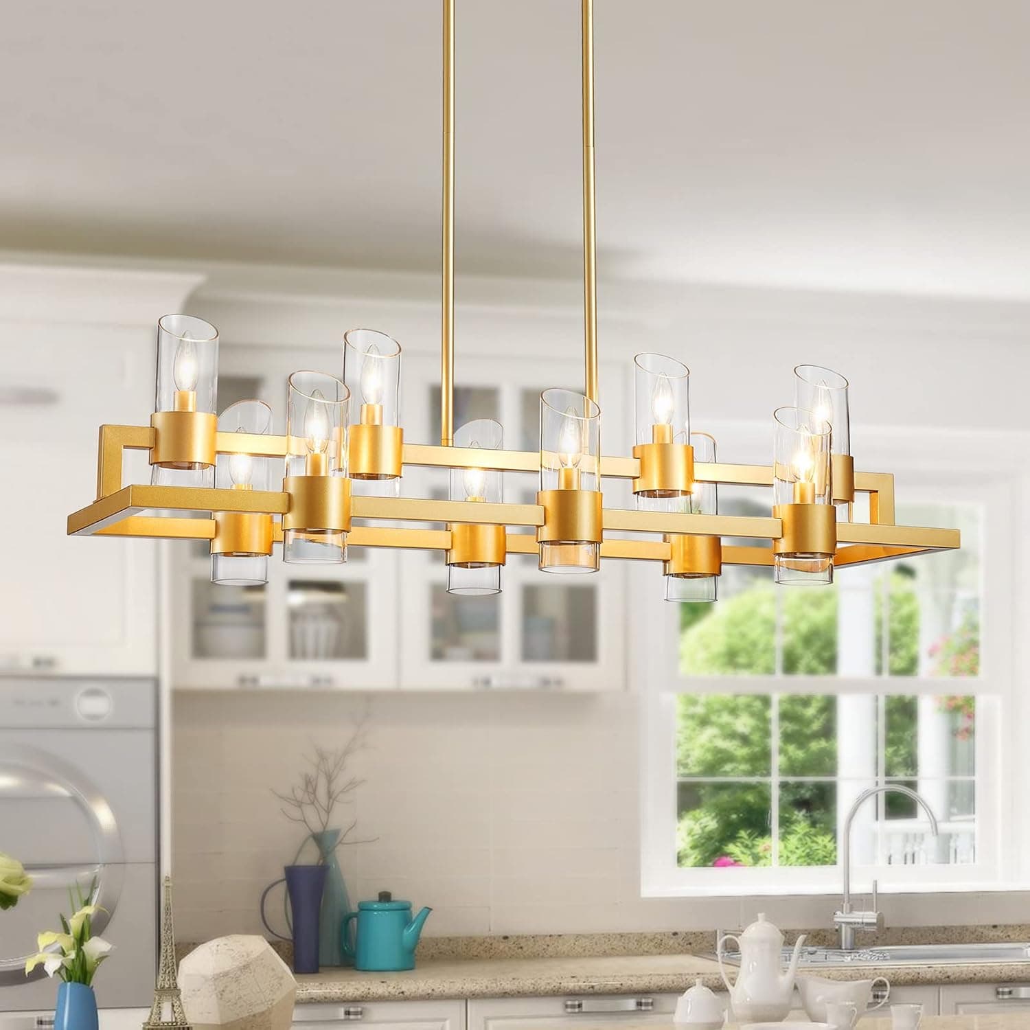 WUZUPS Island Rectangle Chandelier 10-Light with Clear Glass Industrial Modern Farmhouse Linear Light Fixture for Dining Room Kithen Island, Width 42.5" Height 10.4", Gold