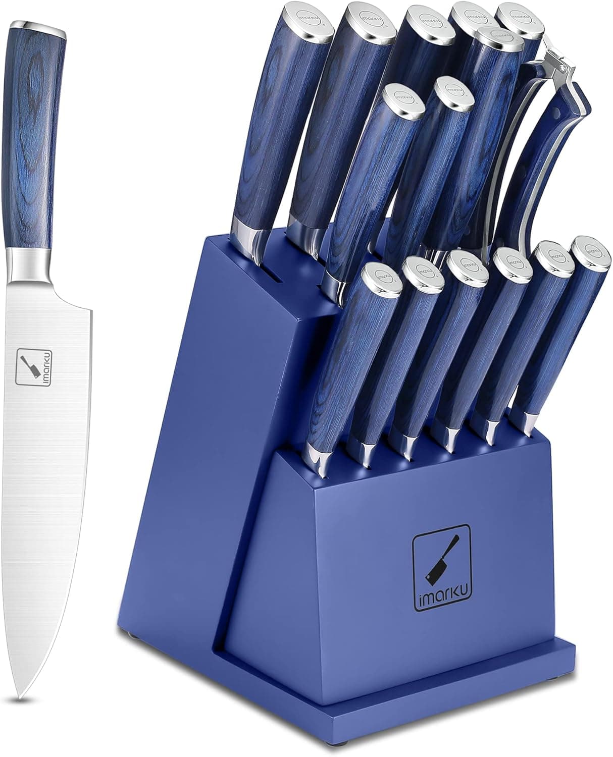 imarku Knife Set, 16-Piece Kitchen Knife Set with Block, German Stainless Steel Knife Sets for Kitchen with Sharpener & 6 Steak Knife Set, Blue