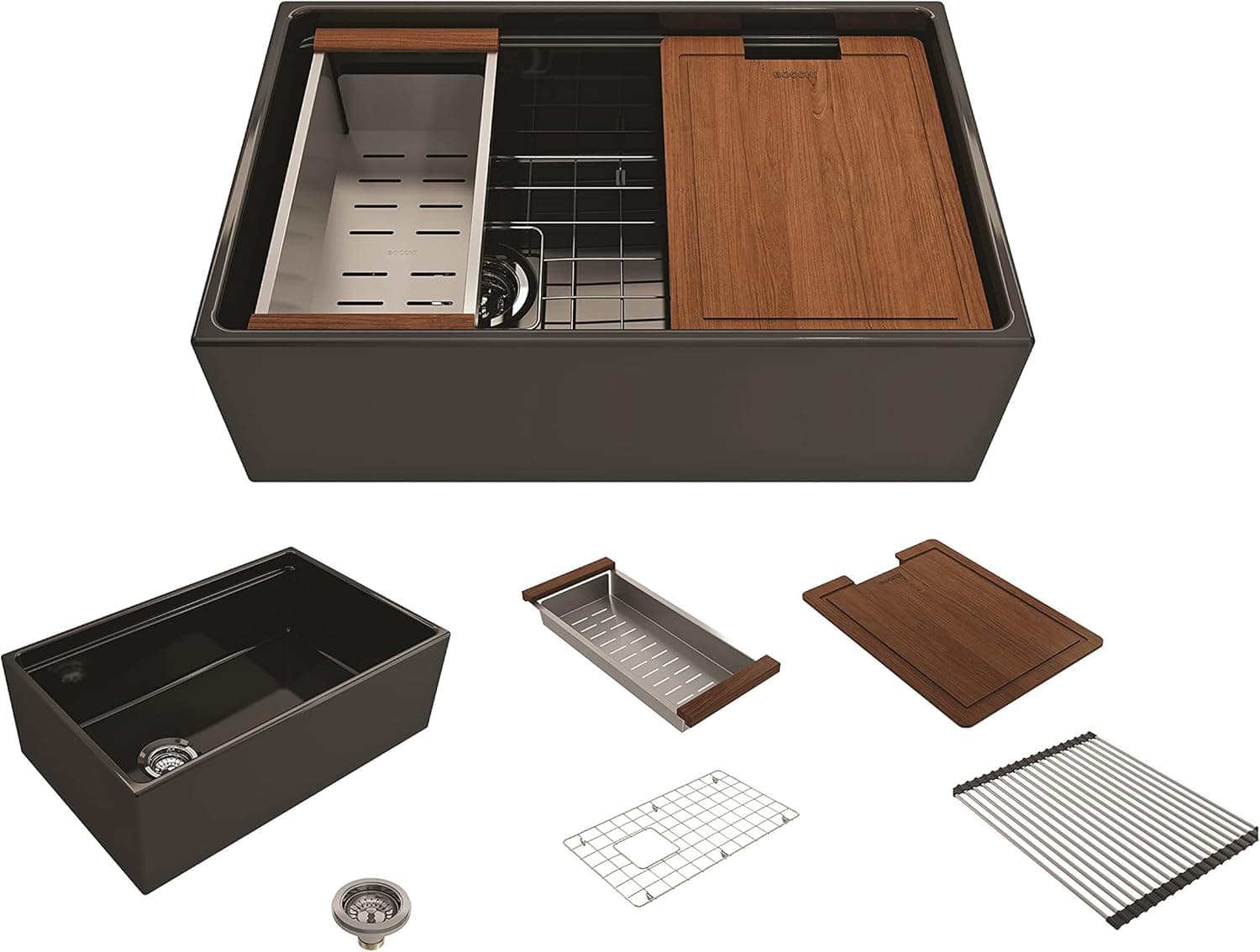 BOCCHI Contempo Workstation Apron Front Step Rim Fireclay 30 in. Single Bowl Kitchen Sink with Accessories in Black