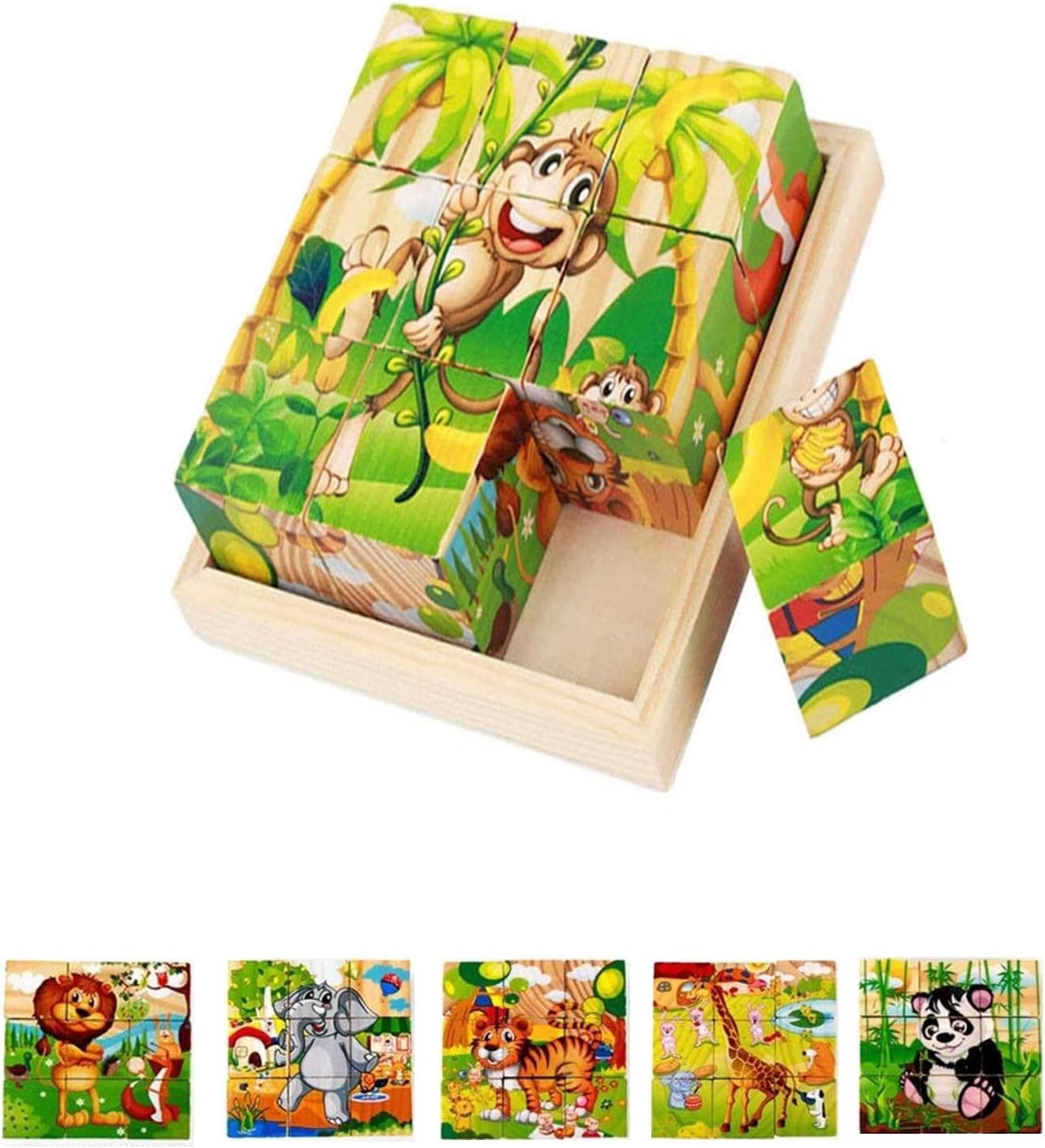 elecnewell Wooden Cube Puzzle with Storage Tray - 6 Puzzles in 1 (9 pcs)