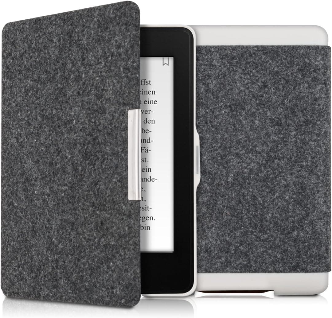 kwmobile Case Compatible with Amazon Kindle Paperwhite - Book Style Felt Fabric Protective e-Reader Cover - (for 2017 and Older) Dark Grey